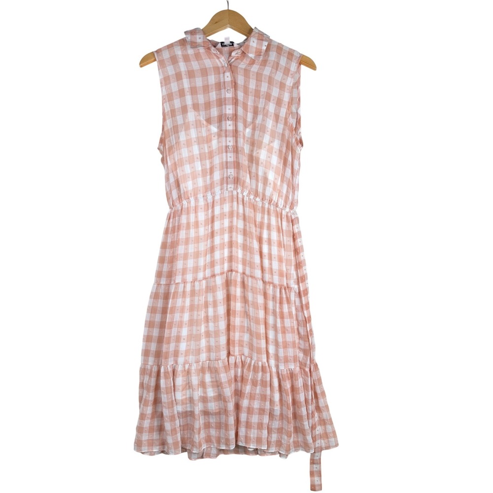 Nanette Lepore‎ Gingham Texture Dot Sleeveless Midi Dress size 10 Peach/White